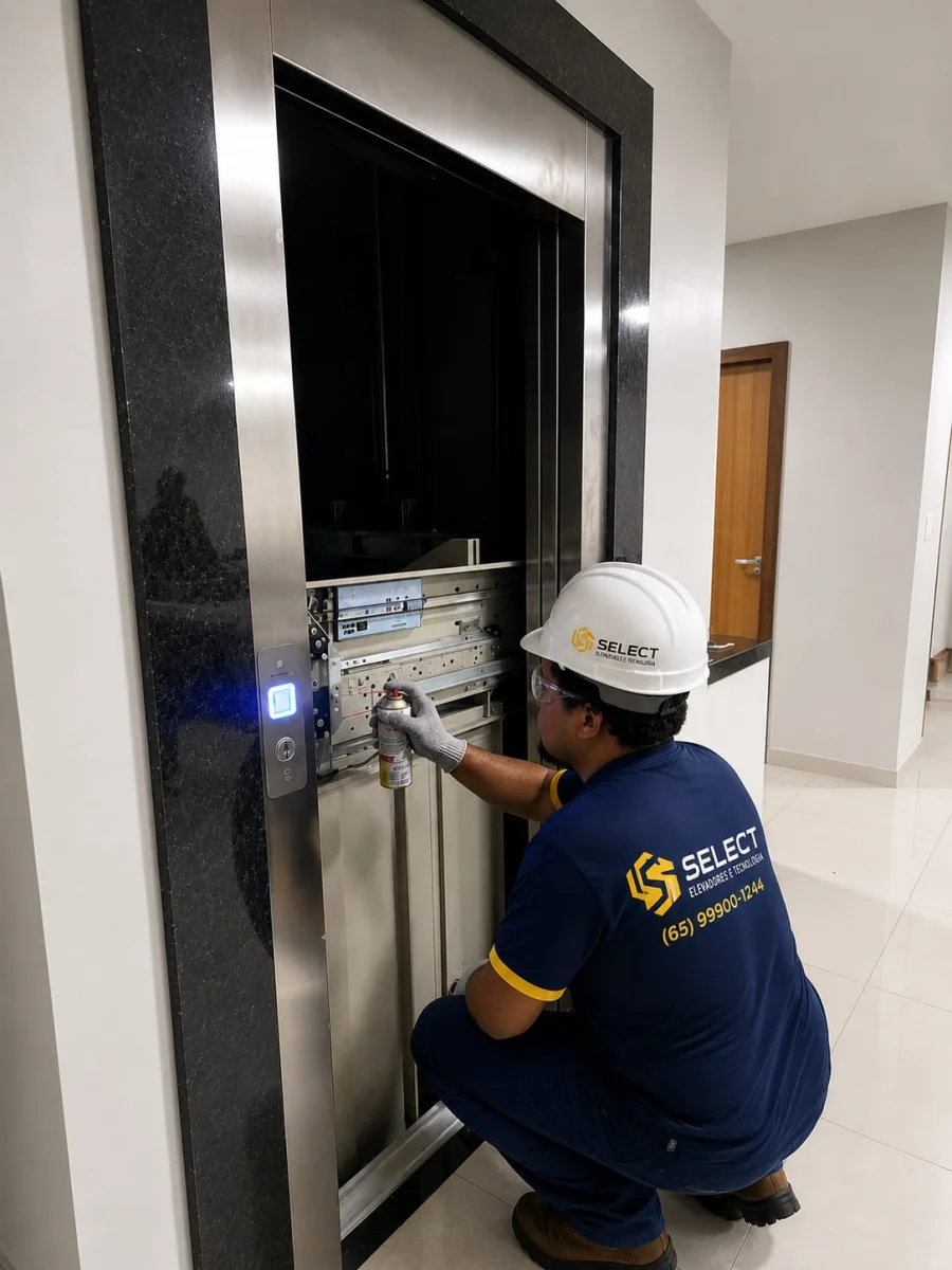 Técnico Select fazendo diagnóstico na soleira de elevador residencial