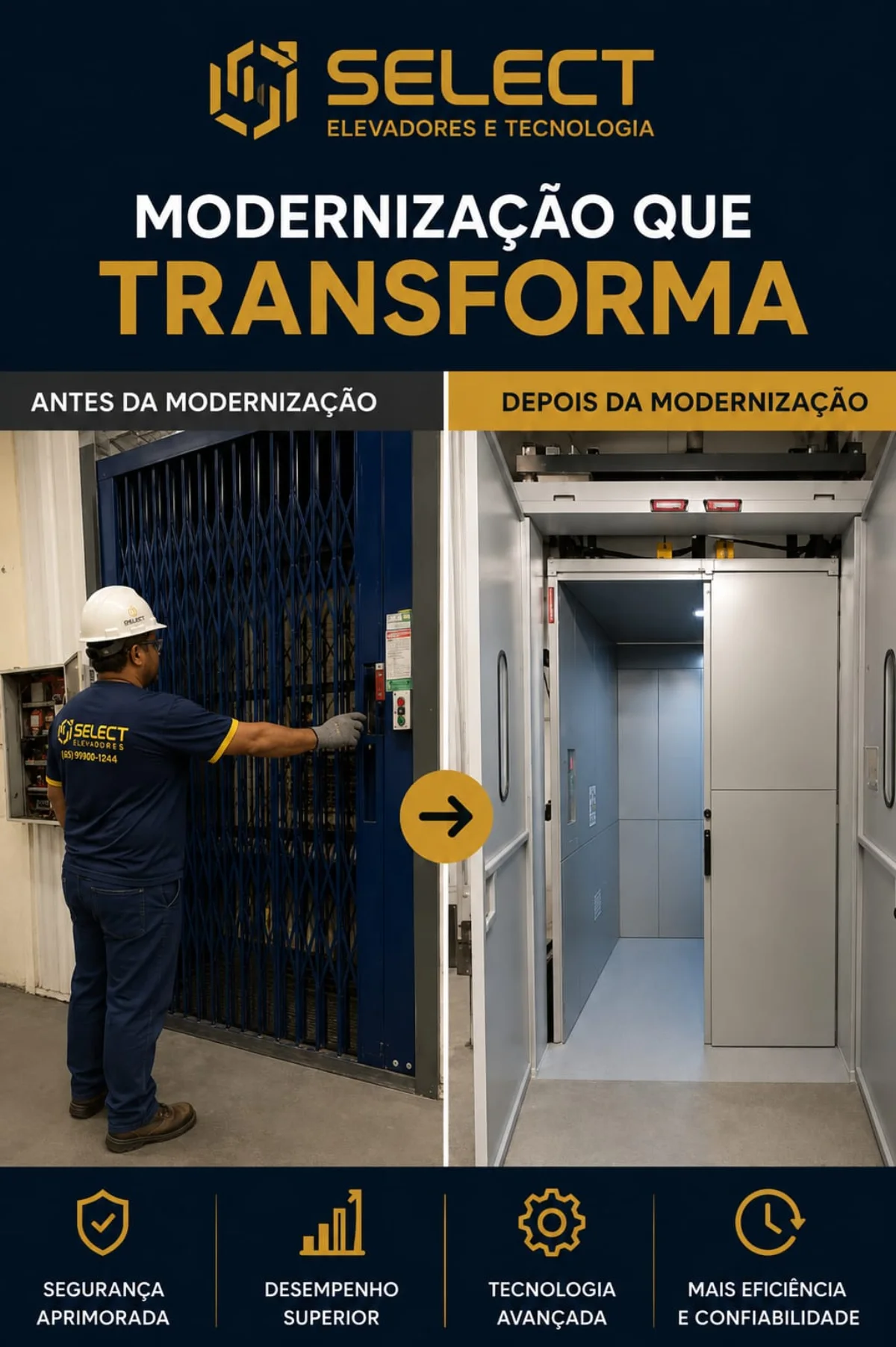 Técnico Select finalizando porta de elevador modernizada em inox